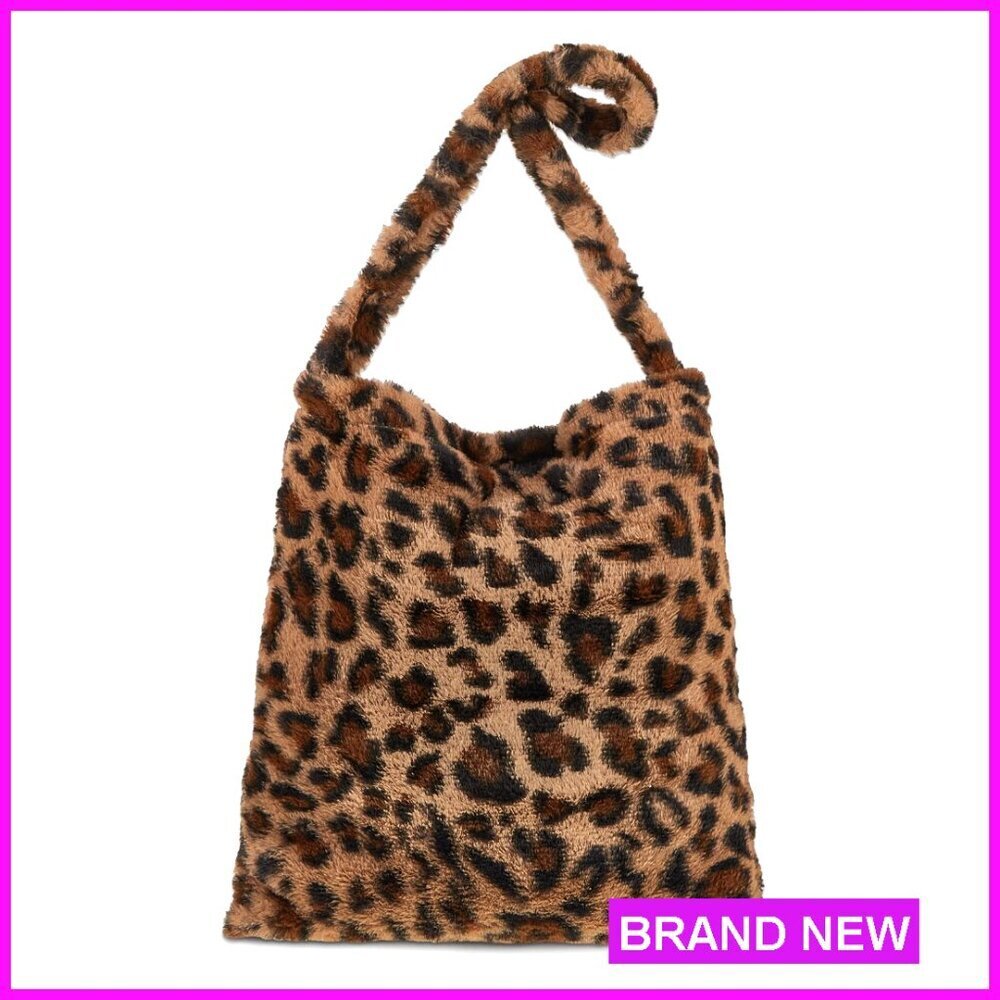Large Faux Fur Leopard Print Shoulder Bag Tote Clutch Handbag